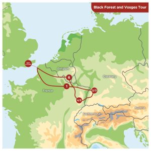 Detailed 7-day Black Forest Vosges motorcycle tour route map showing journey from Calais through Champagne Black Forest Baden-Baden Route des Crêtes Verdun and return to UK