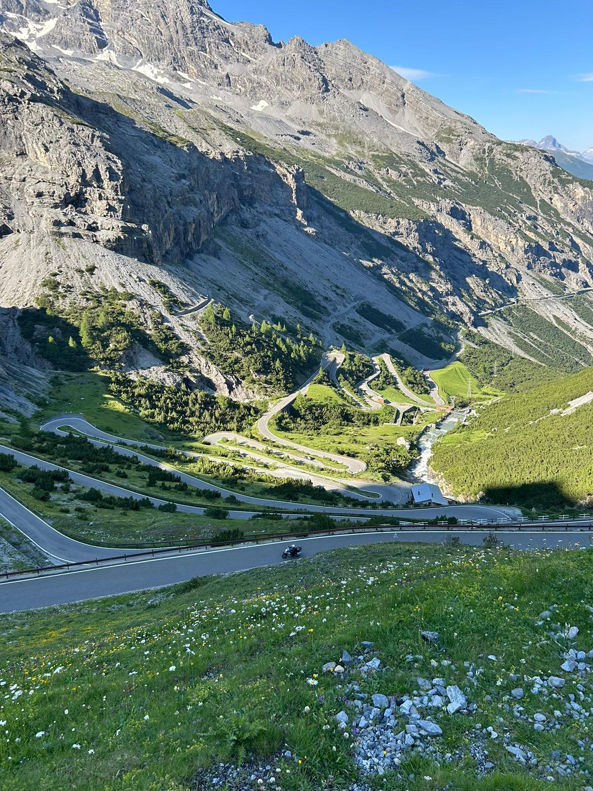 Stelvio Pass descent zigzag switchbacks