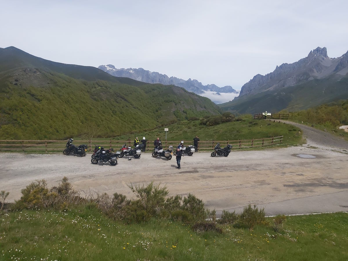 Motorcycles parked in Picos de Europa mountain backdrop