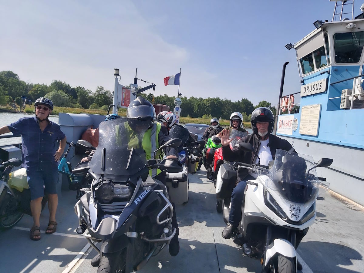 Rhine River ferry crossing Germany France border motorcycle tour