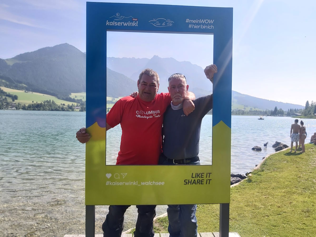 Lakeside coffee stop Austria Lake Walchsee Austrian motorcycle tour
