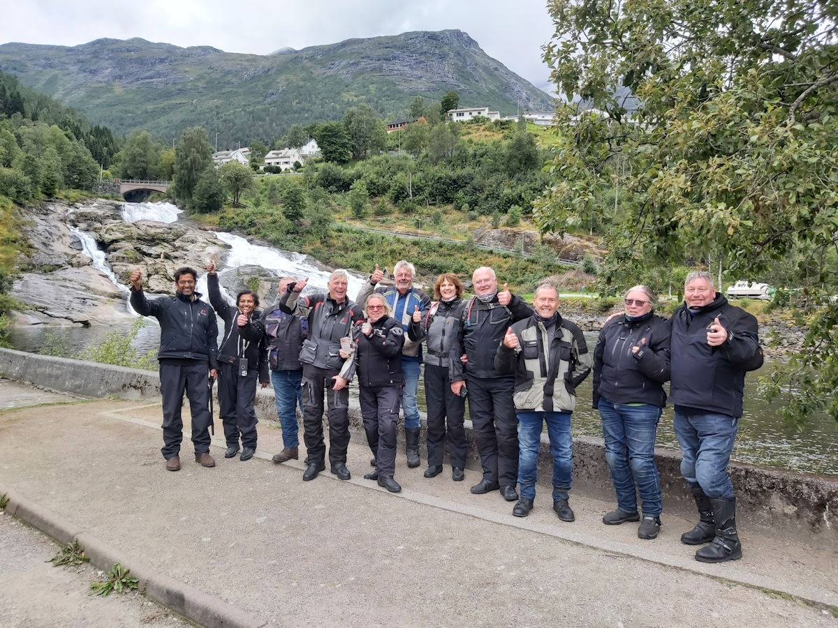 Columbus Motorcycle Tours group bikes Hellesyltfossen waterfall Geiranger Norway 2025