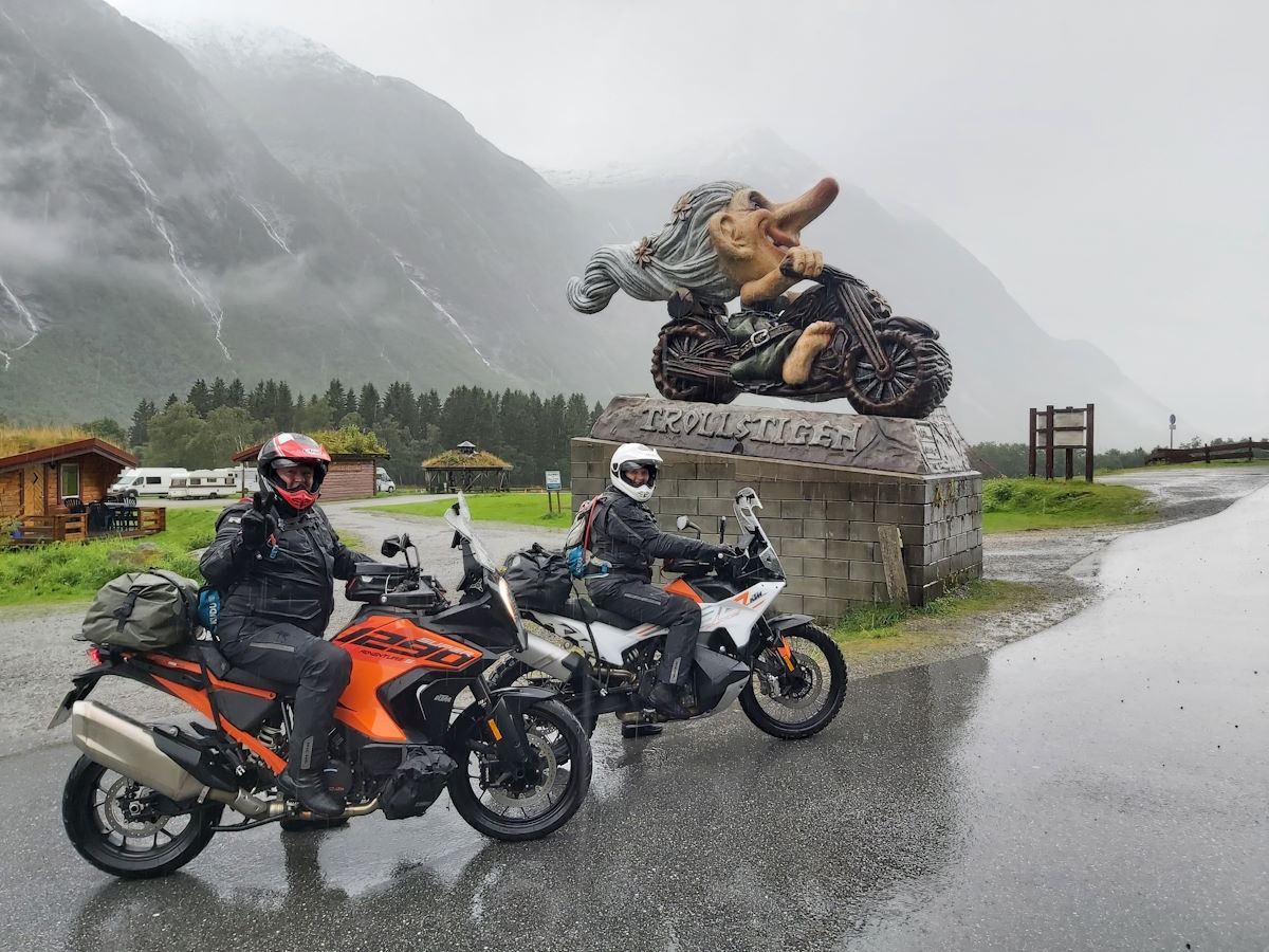 Troll motorcycle statue photo stop KTM 1290 Adventure Trollstigen Norway tourist landmark