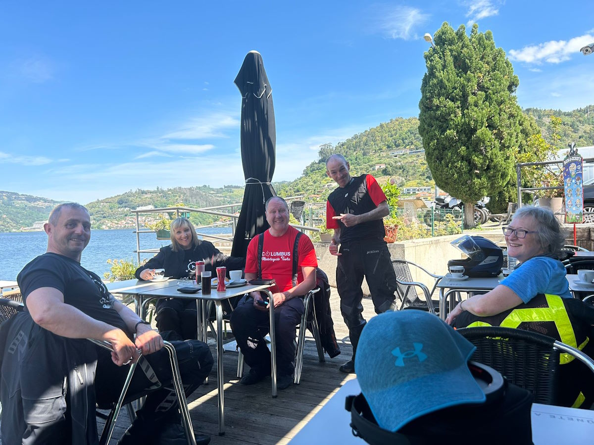 Douro River valley wine country terraced vineyards coffee stop  blue skies 25 degrees Portugal motorcycle tour 
