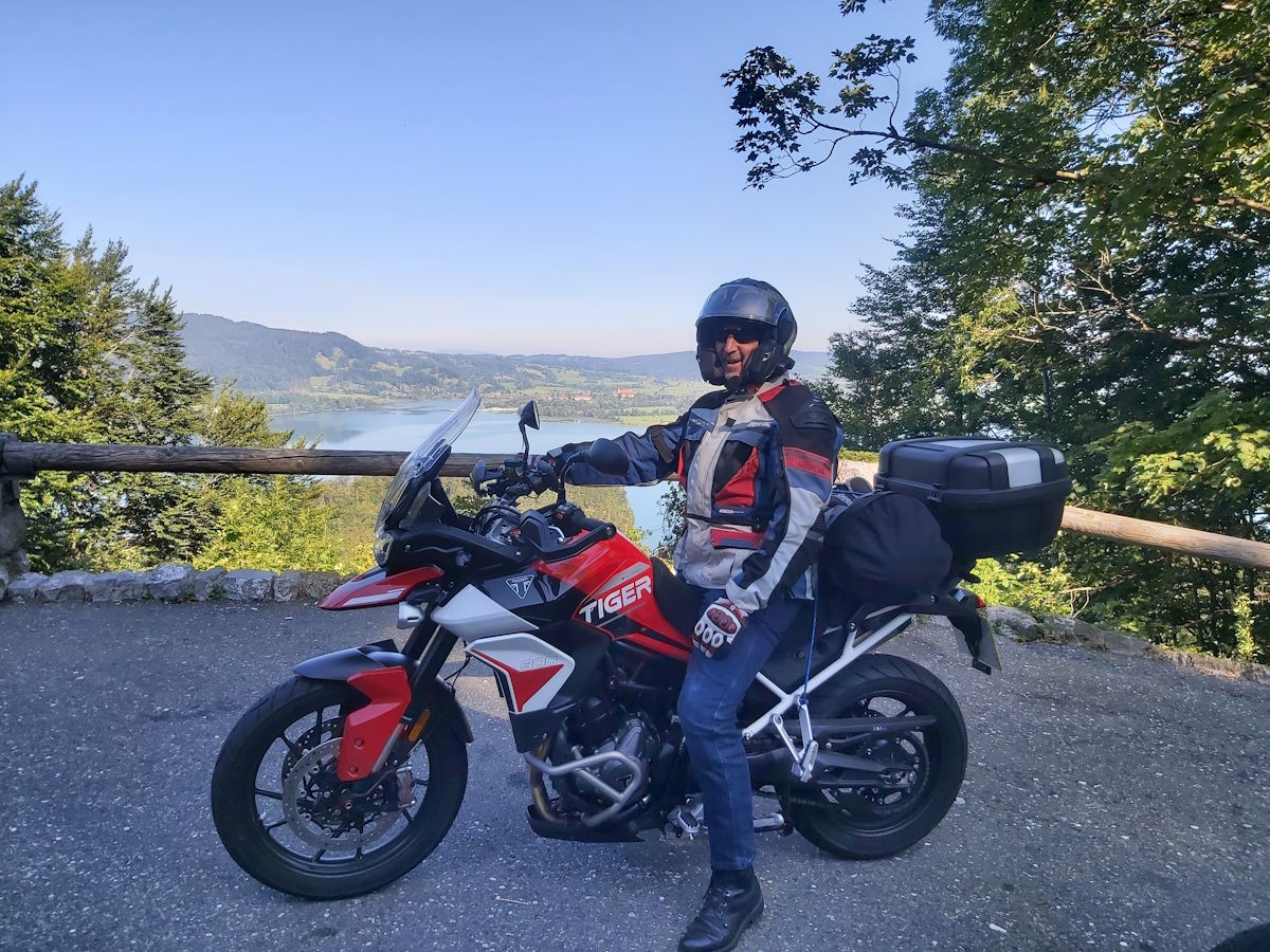 Triumph Tiger 900 Adventure motorcycle Kochelsee lake Bavaria Germany Austrian Swiss Alps tour 2024