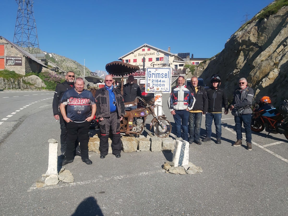 Grimsel Pass rusty biker statue Switzerland obligatory photo motorcycles Alps departure