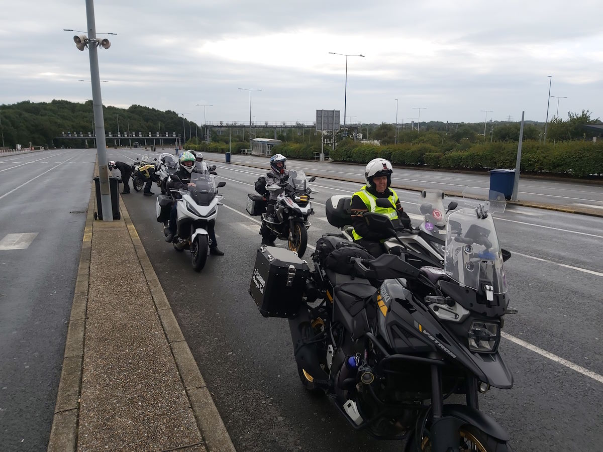 Le Shuttle Folkestone rainy morning Channel Tunnel crossing motorcycles Route Napoleon tour 2024
