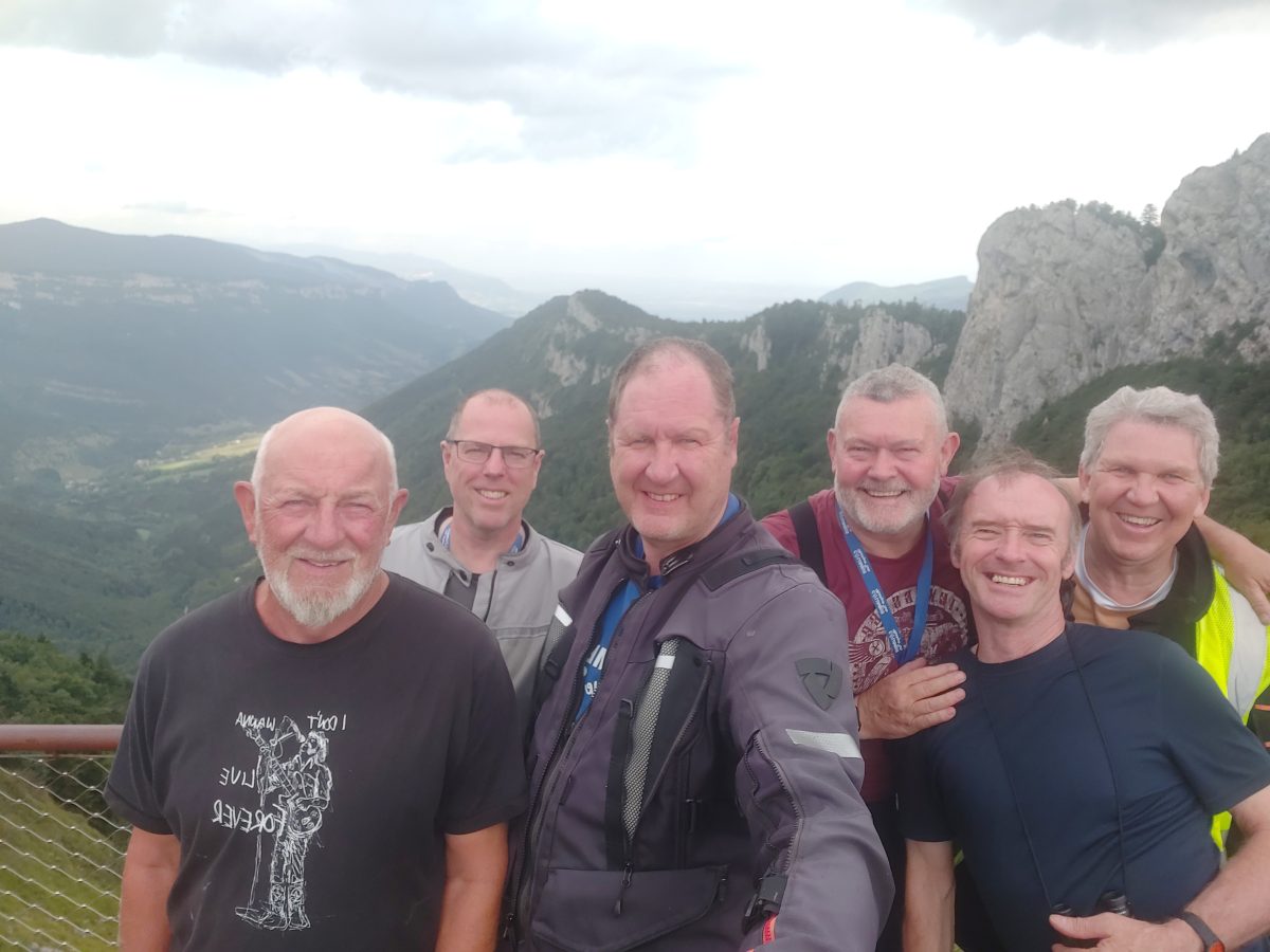 Columbus motorcycle group six riders Vercors National Park dramatic mountain scenery Route Napoleon 2024