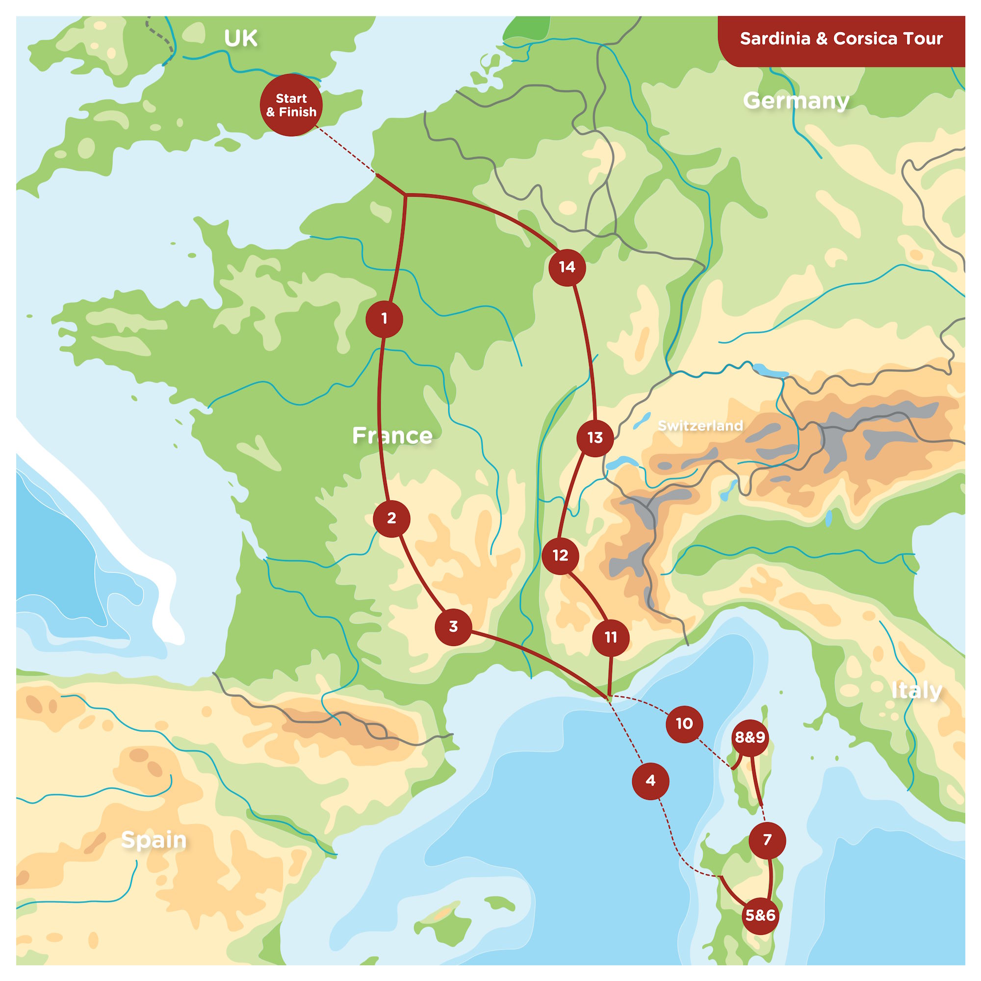 Route map 15-day Sardinia Corsica motorcycle tour showing daily stops UK France Sardinia Corsica ferry crossings return via Route Napoleon Verdun