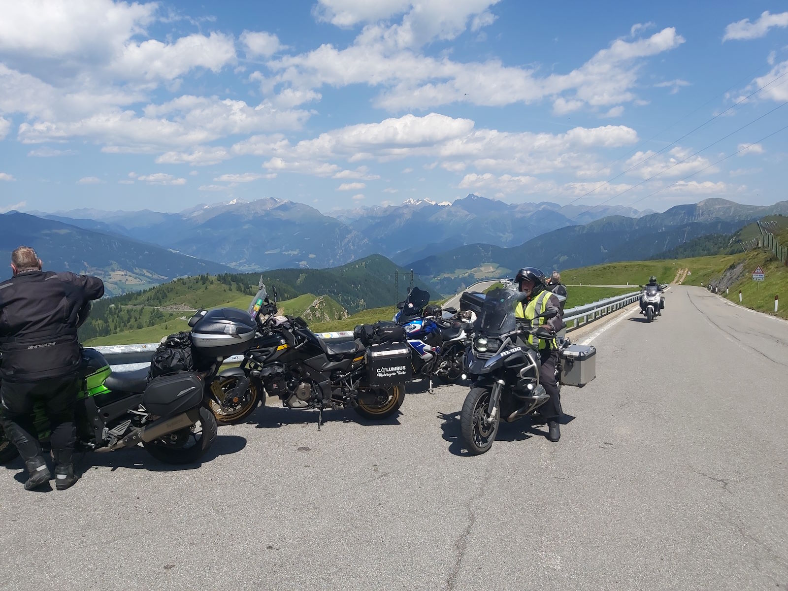 Columbus Motorcycle Tours group on a mountain pass in the Julian Alps
