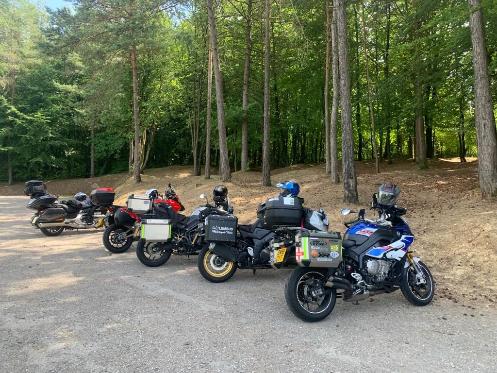Columbus Motorcycle Tours group bikes parked up near the Ossuary at Verdun on the Black Forest & Vosges tour