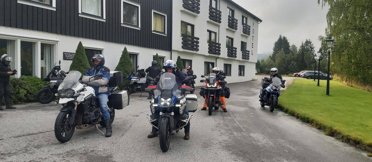 Columbus Motorcycle Tours group fully packed and ready to depart from their hotel on the Norway & Arctic Circle tour