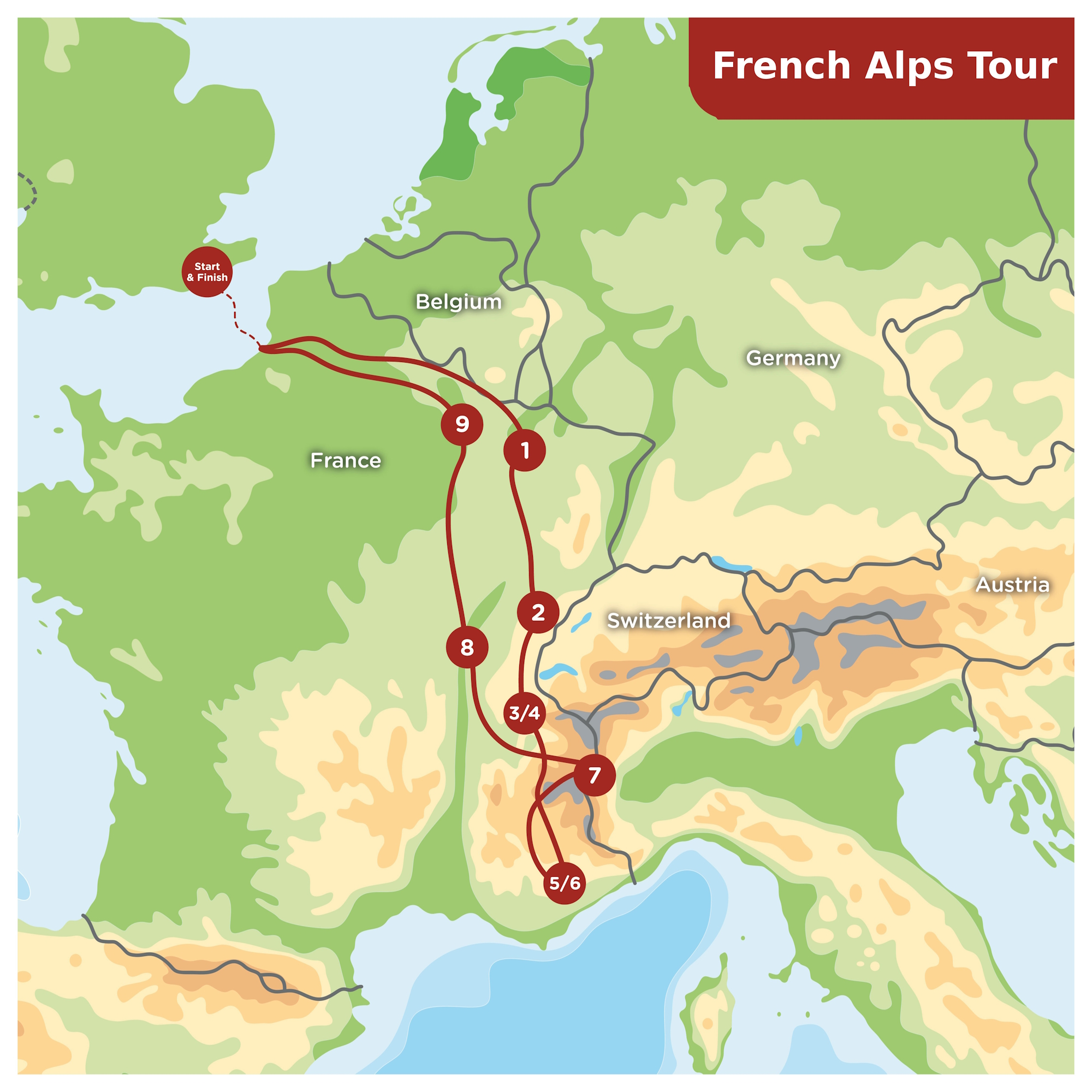 Detailed 10-day French Alps Tour motorcycle tour map showing journey from Calais through Vosges Route Napoléon Provence Verdon Gorge Col de la Bonette Col de l'Iseran and return to UK