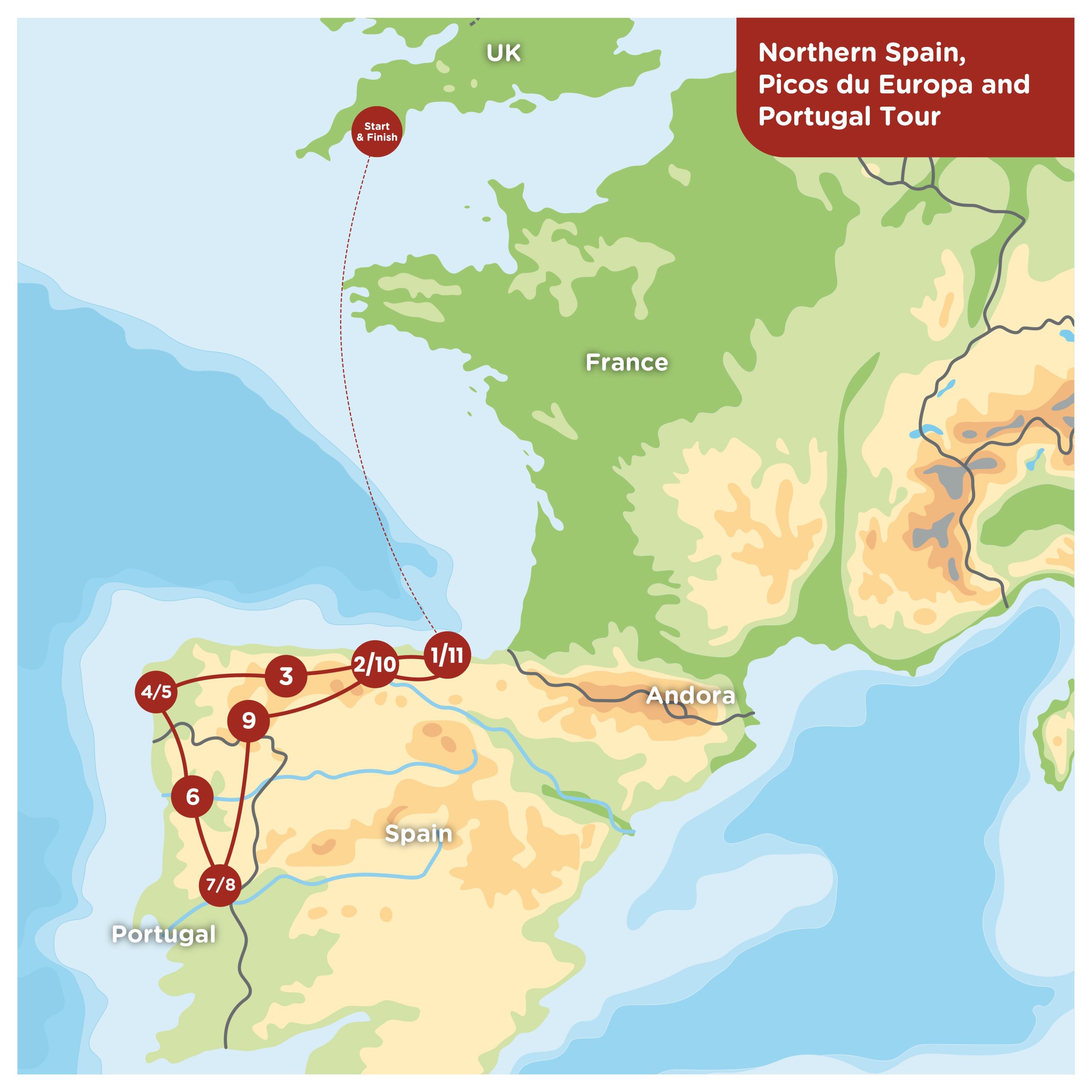 Detailed 12-day motorcycle tour route map showing journey from Plymouth through Picos de Europa Santiago de Compostela Douro Valley Portugal and return to Santander Spain